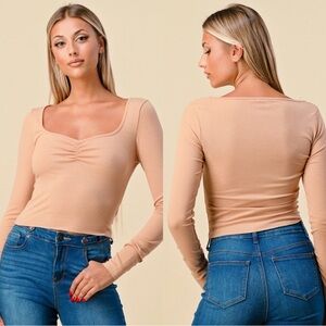 Long Sleeve Square Neck Ribbed Top in Nude